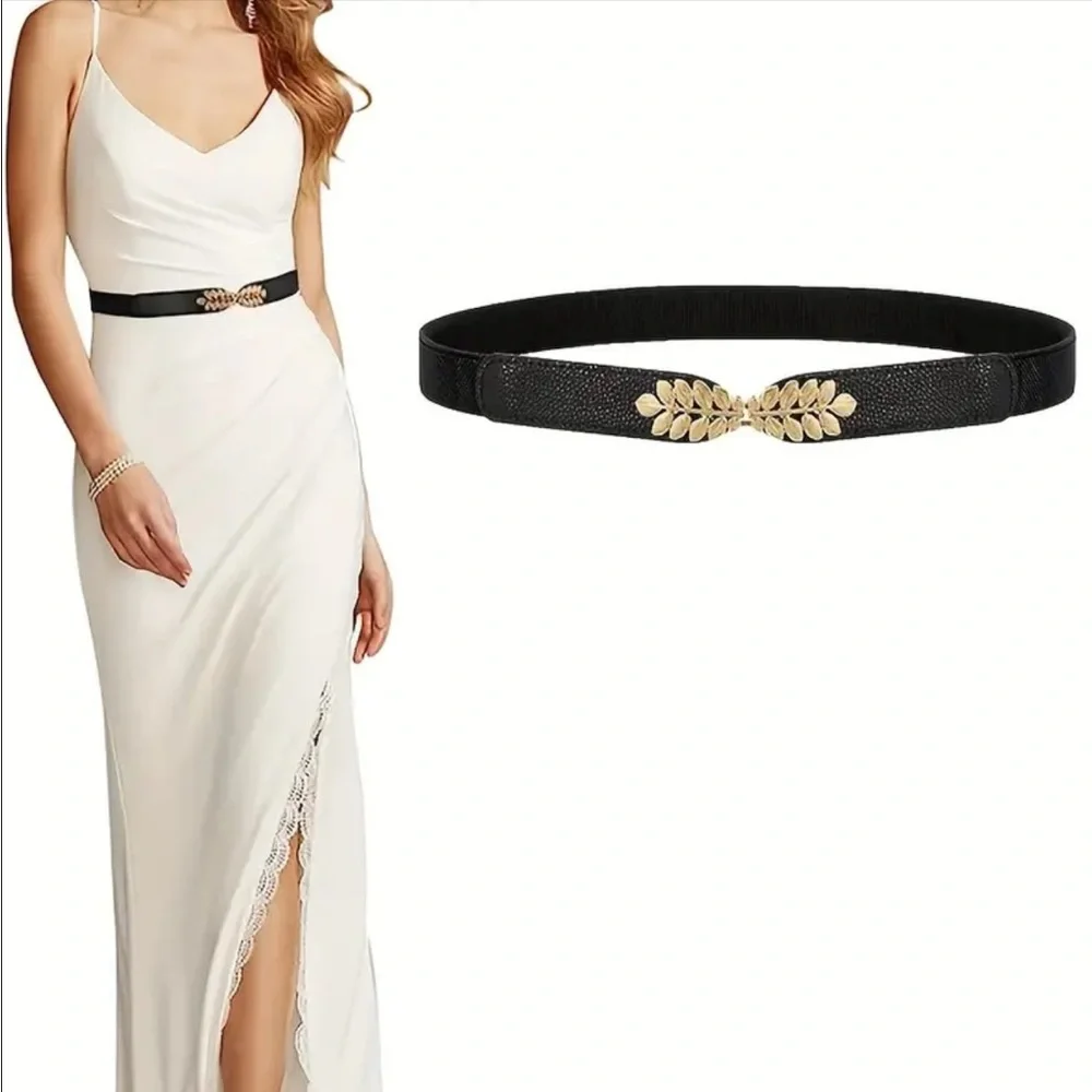 Black Elegant Gold Leaf‎ Buckle Elastic Casual Belt Adjustable One-Size